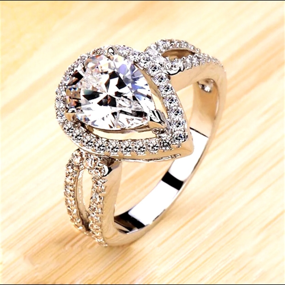 925 Stamped Sterling Silver Pear Shape Diamond Ring